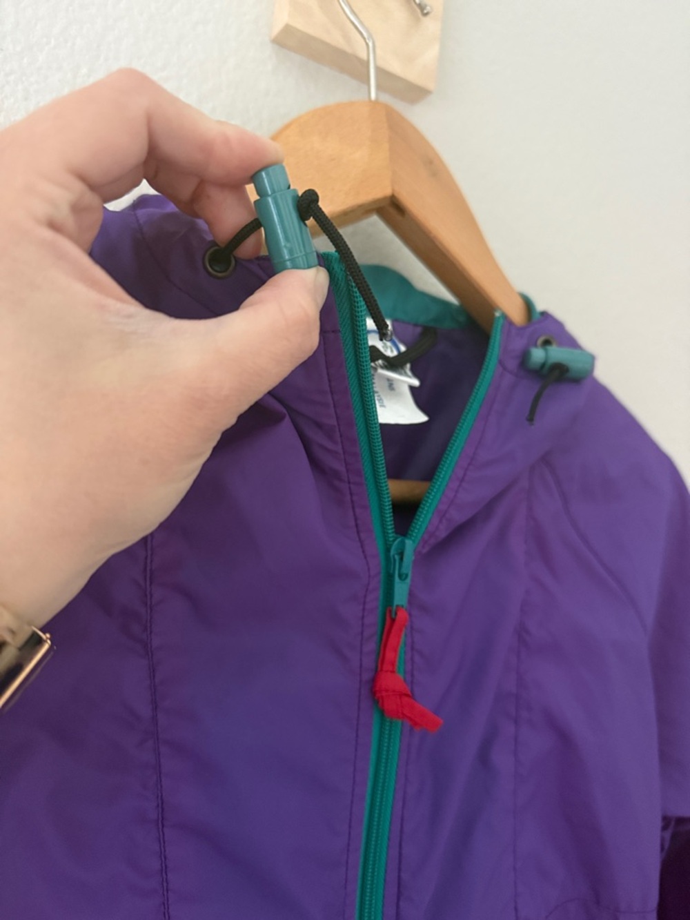 Vintage 90’s Purple Hooded Windbreaker with Teal Zipper Trim and Bungees Youth L - Picture 3 of 7